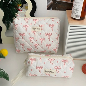 Quilted floral bow cosmetic bag set with large pouch and small travel makeup storage