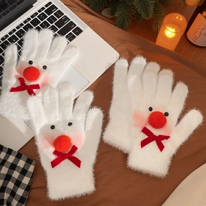 Cute white plush snowman gloves for women with red bow and cozy winter thermal padding