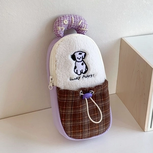 Close-up of cute purple canvas storage bag for DJI Pocket 3 with puppy embroidery