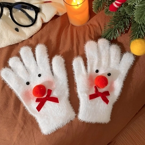 Cute white plush snowman gloves for women with red bows and warm winter festive design