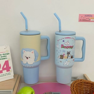 Detail of 1200ml stainless steel tumblers with puppy illustrations and ergonomic handles
