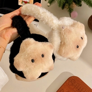 Paraorecchie regolabili in peluche a stella gatto nero e bianco crema per il calore invernale
