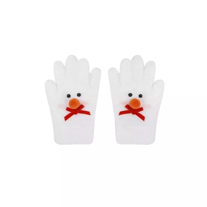 Cute white plush snowman gloves with orange carrot nose and red velvet bow accents