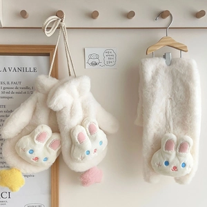 Cute Rabbit Plush Mittens Winter Warm Thickened Fleece Gloves With Hanging Rope And Star Decor For Women Girls