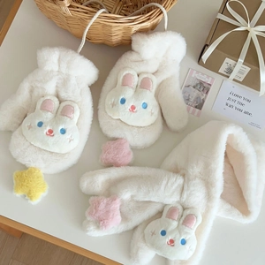 Winter plush scarf and mittens set featuring cute bunny and star designs in cream white