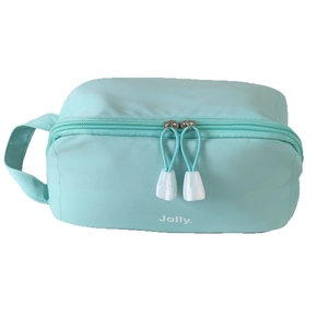 Mint green large capacity travel makeup bag with double zippers and Jolly lettering