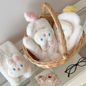 Cute plush rabbit mittens for women with soft white fleece and lovely star embroidery