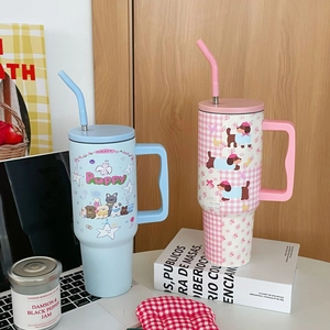 Insulated 40oz stainless steel tumblers with ergonomic handles and cute cartoon patterns