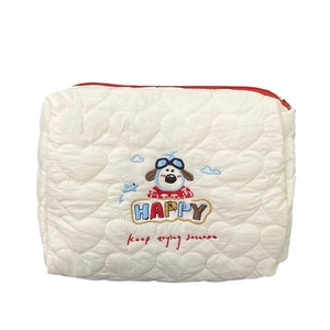 Cute puppy heart quilted makeup bag with red zipper and airplane embroidery for travel