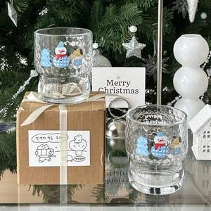 Christmas snowman glass cups set with hammered texture and gift box packaging