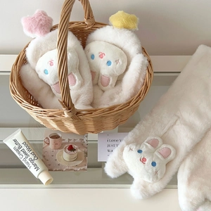 Creamy white plush winter earmuffs and scarf set with cute rabbit embroidery detail