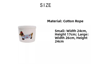 Detailed size chart for woven cotton storage baskets with cute puppy embroidery