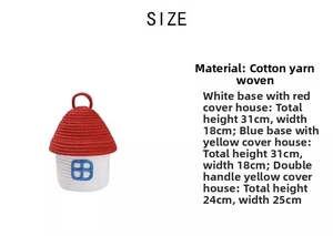 Size chart showing dimensions for woven cotton dog storage baskets and house-shaped bins