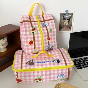 Portable waterproof storage bag set with cute cartoon patches and pink checkered design