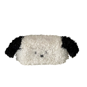 Cute plush dog-shaped tissue box holder made of soft white and black sherpa fleece