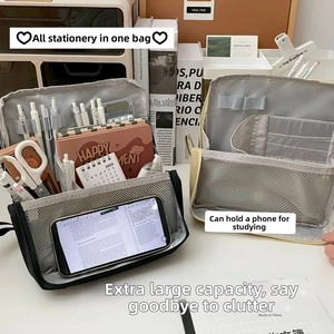 Detail view of large capacity makeup bag with inner compartments and phone holder stand