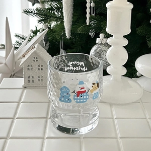 Christmas snowman glass cup with hammered texture and Merry Christmas prints