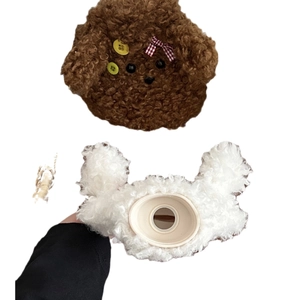 Brown teddy dog plush hot water bottle cover with soft white faux fur texture