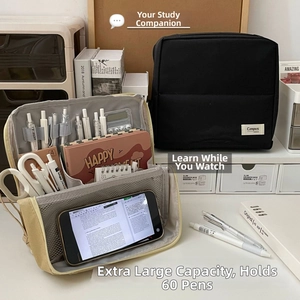 Large capacity canvas pencil case with phone holder stand and multi-layer storage compartments