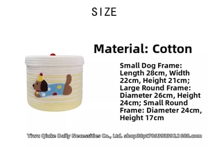 Size chart for woven cotton rope puppy storage baskets in square and round dimensions