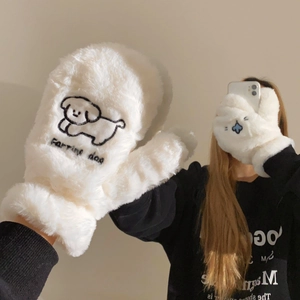 Moufles En Peluche Épaisses Et Chaudes Hiver Fausse Fourrure Broderie Chien Dessin Animé Farting Dog Kawaii
