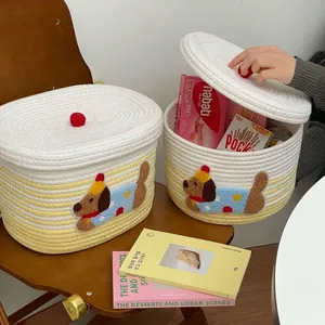 Cute puppy woven cotton rope storage basket with lid and red pom-pom handle for home