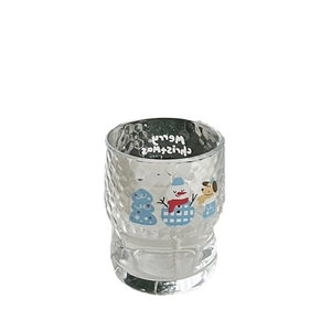Hammered Christmas glass cup with snowman and puppy prints, festive Merry Christmas design