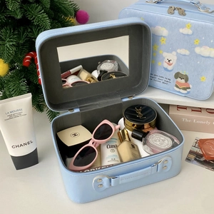 Light blue cartoon puppy vanity case with large capacity, built-in mirror and top handle