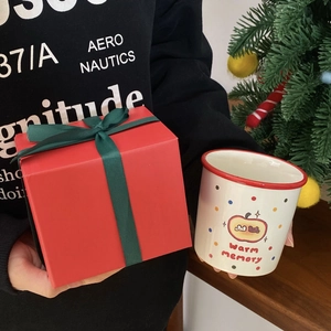 Christmas ceramic apple mug set with red gift box and festive warm memory design
