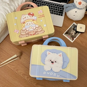 Close-up of cute cartoon mini suitcases with dual zippers and portable handles for travel