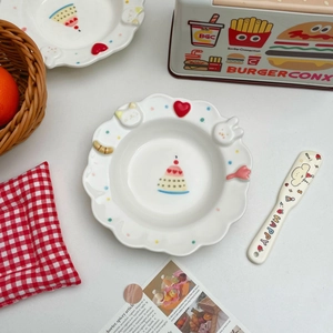 Cute ceramic relief dinnerware set with cat rabbit motifs and wavy edge floral plate