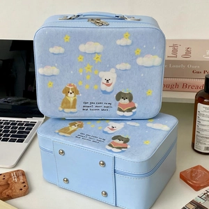 Detail of light blue textured leather cosmetic case set with cute puppy and cloud patterns