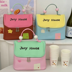 Cute macaron color insulated lunch bag with house design and pom-pom handle for students