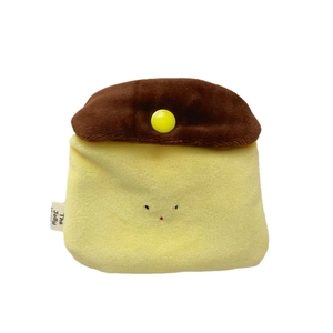 Cute handmade pudding plush coin purse with yellow button closure and embroidery