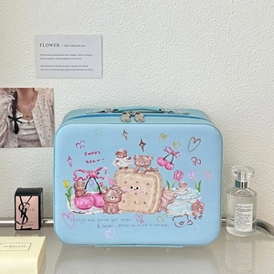 Detail of light blue PU leather makeup case with bear illustration and sturdy top handle