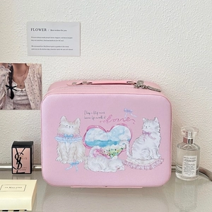 Detail of pink PU leather vanity case with cute cat prints and gold zipper pullers