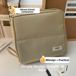 Macro detail of beige nylon makeup bag with side handle and Campus MOKA logo patch