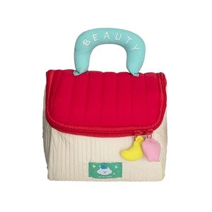 Quilted house shaped makeup bag with beauty handle and plush heart moon charms