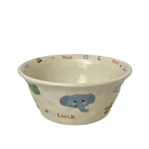 Cute ceramic yogurt bowl with blue cartoon elephant and irregular wavy rim design