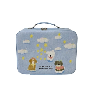 Light blue cartoon puppy vanity case with stars and double metal zippers for skincare storage