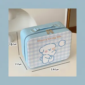 Close-up of cute cartoon dog pattern and blue plaid PU leather vanity case with dimensions