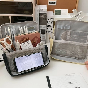Vertical multi-grid cosmetic bag and stationery pouch for travel storage in canvas