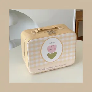 Detailed view of cream checkered vanity case showing dimensions 24x11x18cm with top handle
