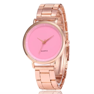 Women's slim quartz watch with rose gold mesh steel strap and minimalist pink dial