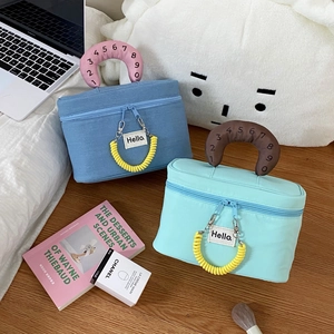 Waterproof travel cosmetic bag with numbered handle and spring spiral charm in blue and mint