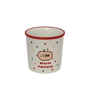 Japanese style white ceramic apple mug with red rim and colorful polka dots