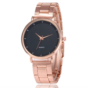 Minimalist quartz wristwatch with rose gold steel strap and black dial on white background
