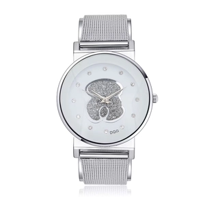 Montre élégante argentée pour femme avec motif ours et marqueurs en strass brillants