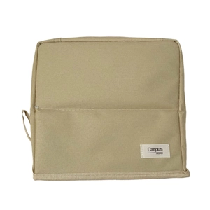 Portable vertical canvas makeup bag with compartments and handle in beige color