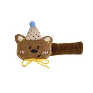 Cute brown plush bear hair clip with polka dot party hat and yellow bow for girls